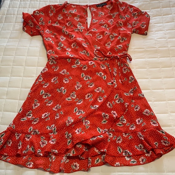 Trixxi Dresses & Skirts - Red and White floral wrap dress with shorts